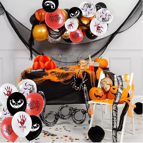Miniatura 5 de Paquete de 50 globos de Halloween, negro, blanco, rojo y confeti para decoración de fiesta de cumpleaños de Halloween