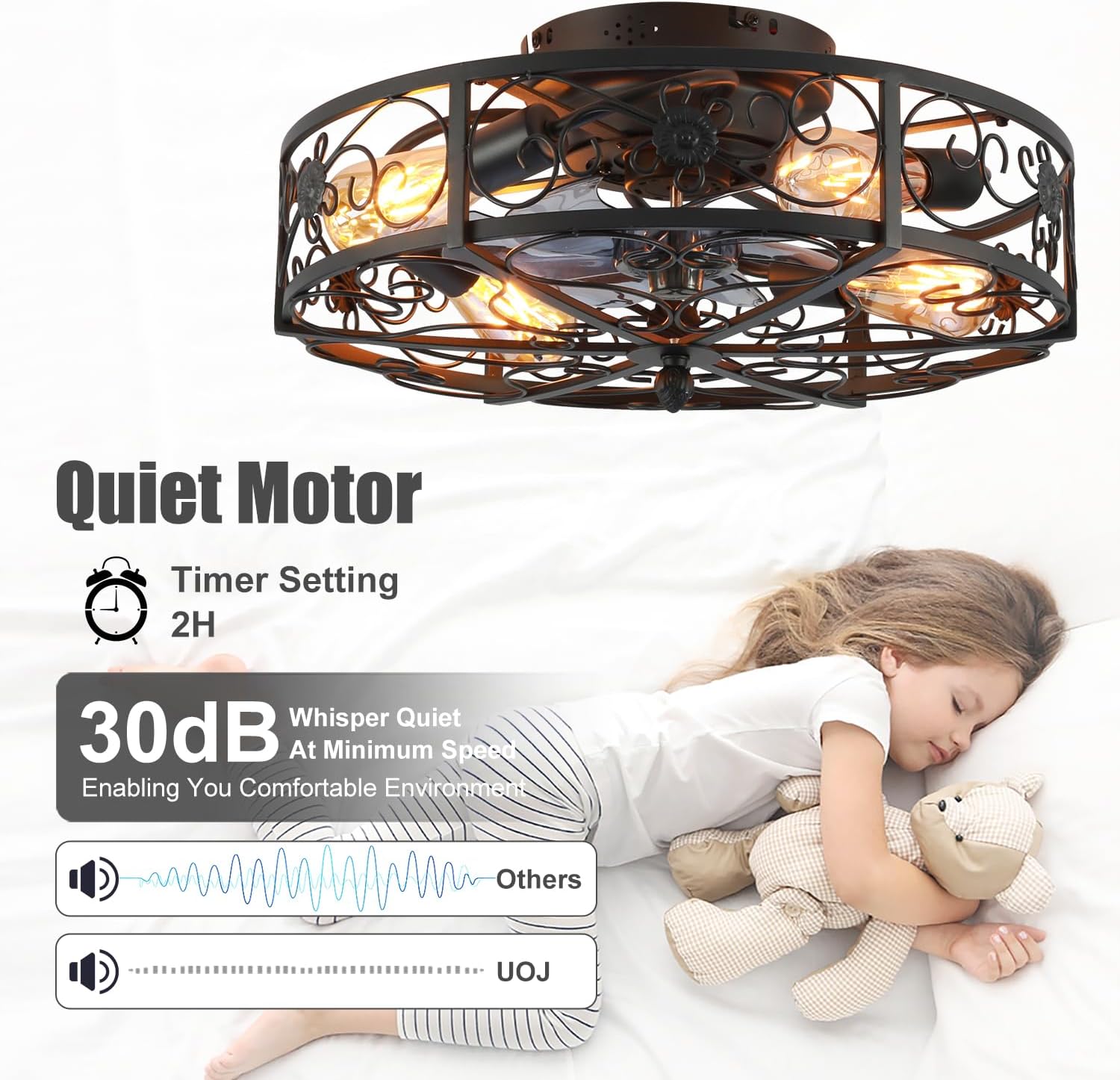 20'' Caged Ceiling Fan with Lights and Remote Control,Small Farmhouse Bladeless Low Profile Ceiling Fans Lights,Industrial Flush Mount Low Profile,Reversible Motor 6 Speeds for Bedroom,Living Room