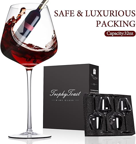 Miniatura 7 de Juego de 4 copas de vino tinto de 32 onzas, copas de vino extra grandes con tallo largo, copas de vino tinto sopladas a mano, más claras, gruesas,
