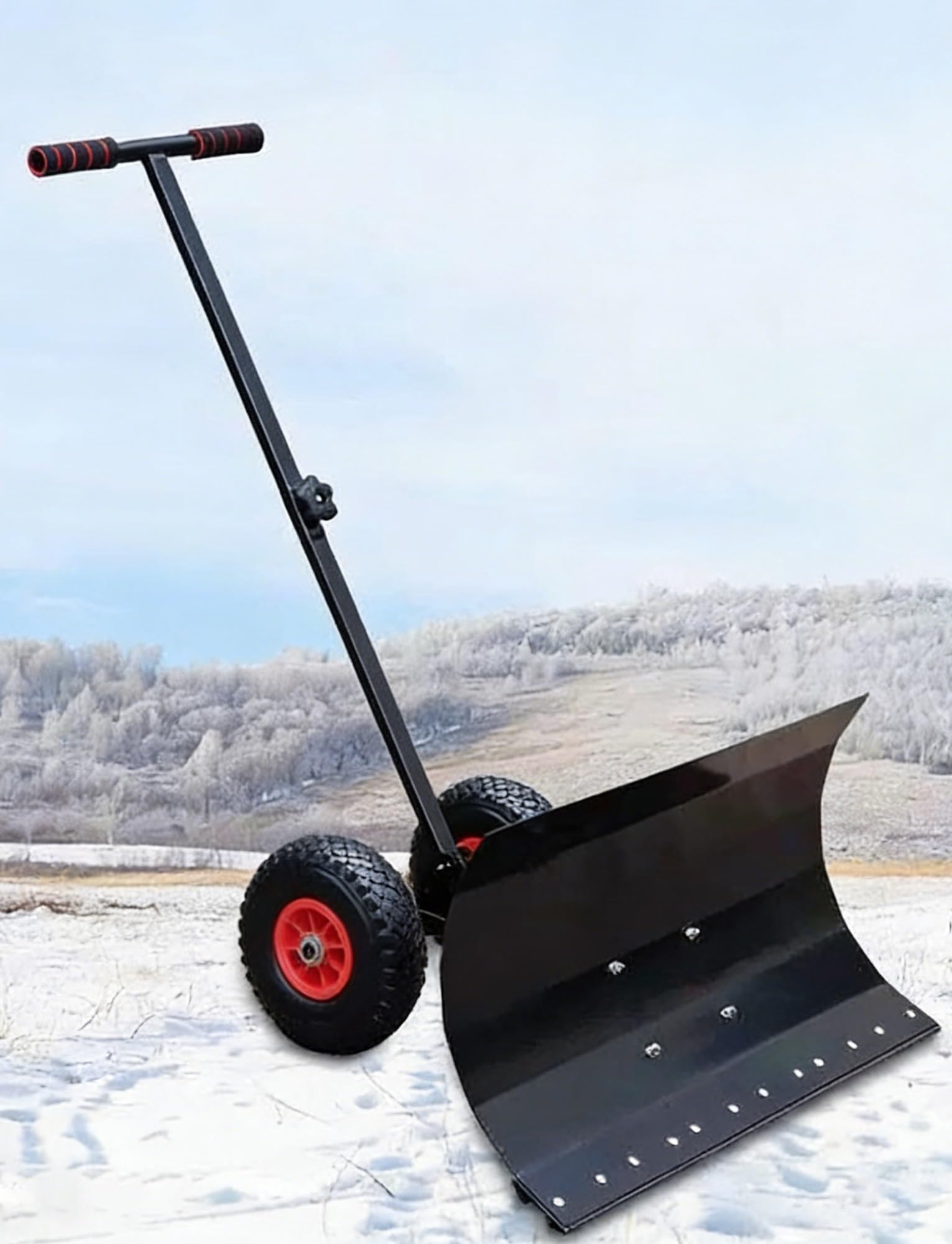 Pala de nieve con ruedas, empujador de nieve de acero, mango ajustable de 5 niveles, hoja galvanizada de 29 pulgadas con 5 ángulos para calzadas, aceras
