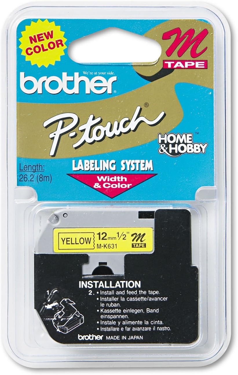 Brother Mk631 M Series Labeling Tape for P-Touch Labelers, 1/2-Inch W, Black On Yellow