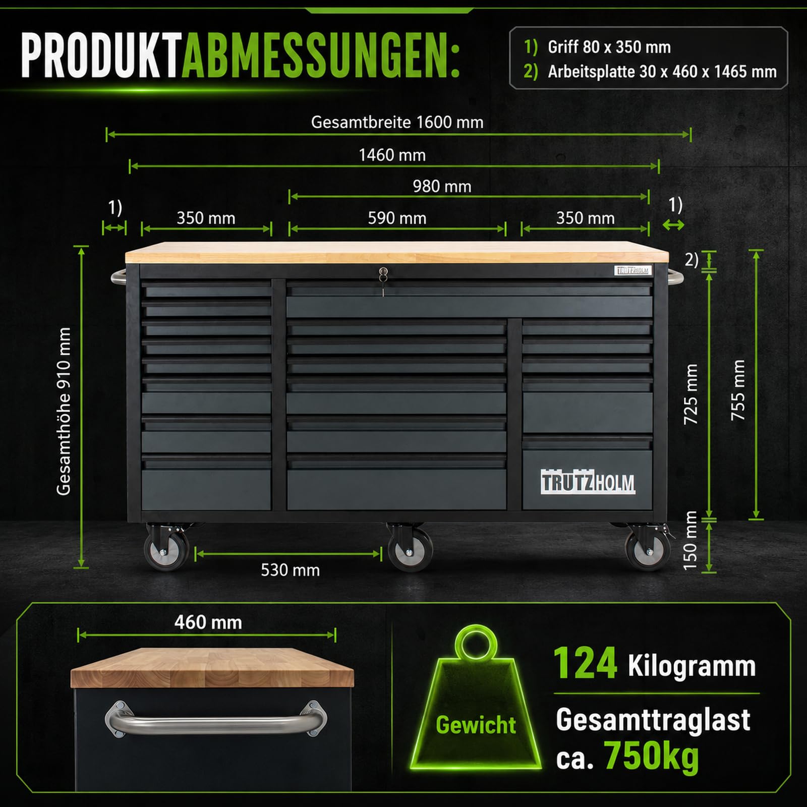 TRUTZHOLM Werkstattwagen Mobile Werkbank Deluxe XXL 20 Schubladen Werkzeugwagen leer (Anthrazit)