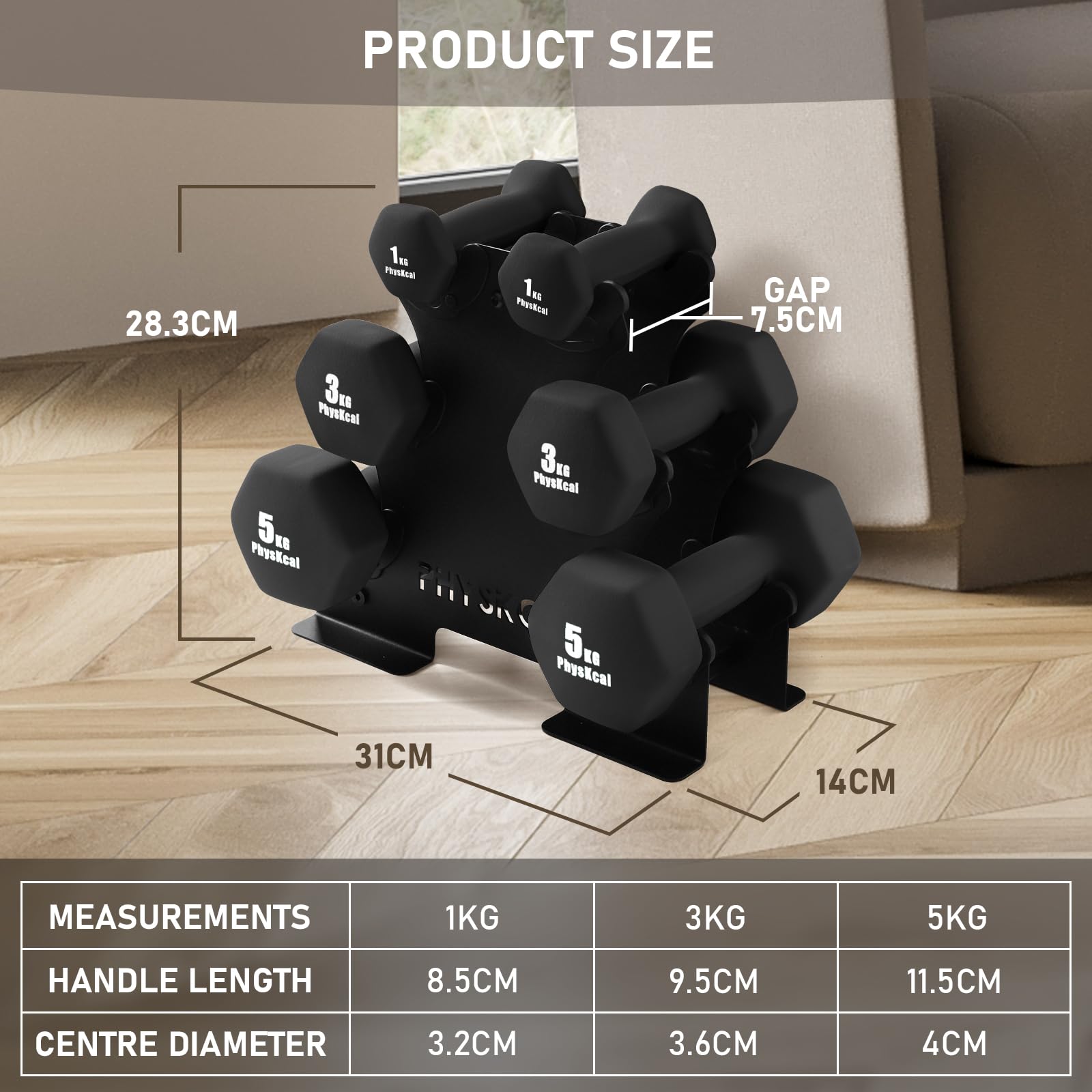 PhysKcal Zestaw 6 hantli ze stojakiem, 1 kg, 3 kg, 5 kg - czarny | Idealne do treningu siłowego w domu, dla początkujących w treningu w domu
