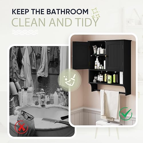 Miniatura 7 de Smuxee Armario de baño negro montado en la pared con barra de toallas, botiquín con 2 estantes ajustables de puerta, armario sobre inodoro