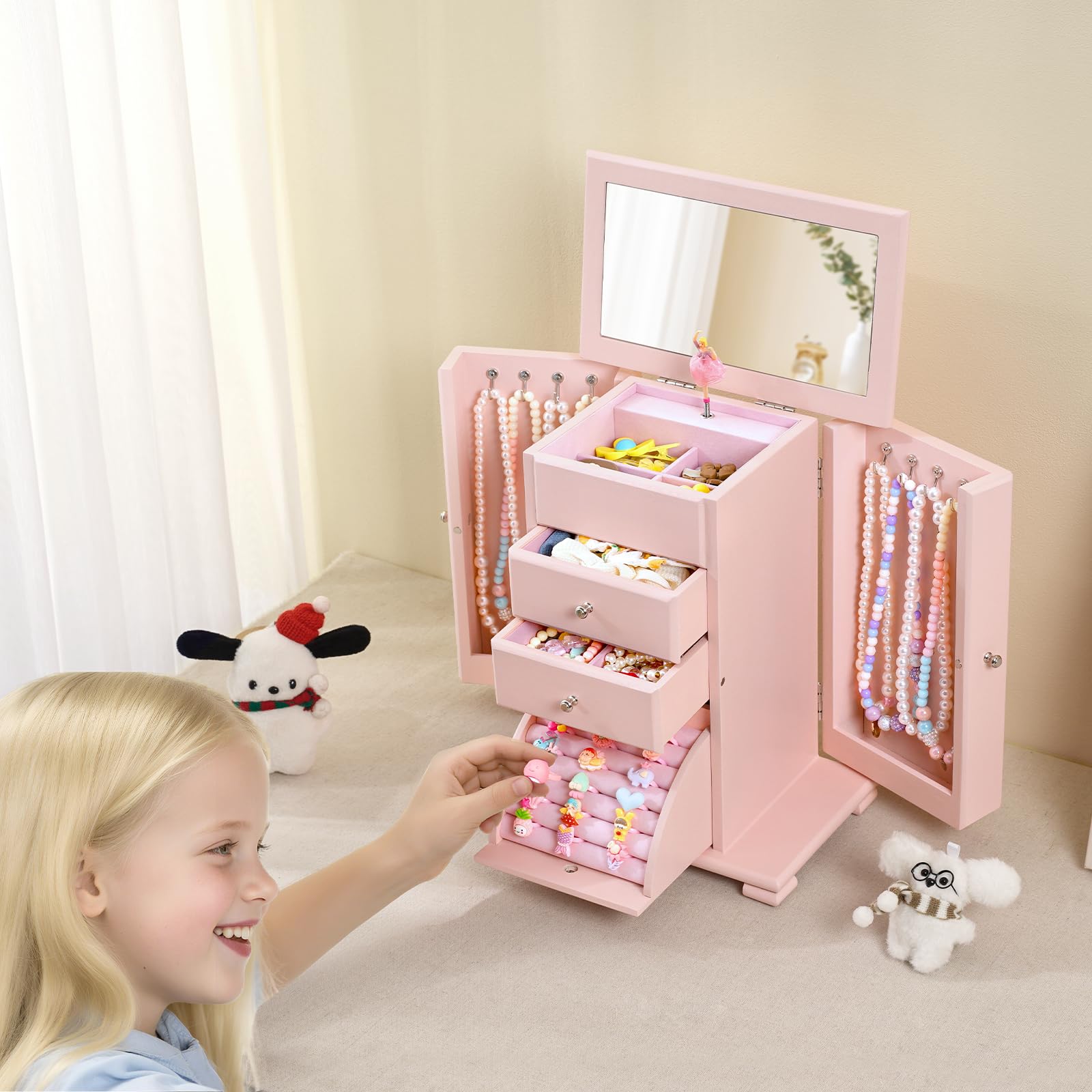 Schmuckschatulle für Mädchen, 4 Ebenen, Musik-Schmuckkästchen für Mädchen, mit Tänzerin, drehbar, große Spieluhr für Kinder, aus Holz, für Kinder, Geburtstag, Geschenk (Rosa)