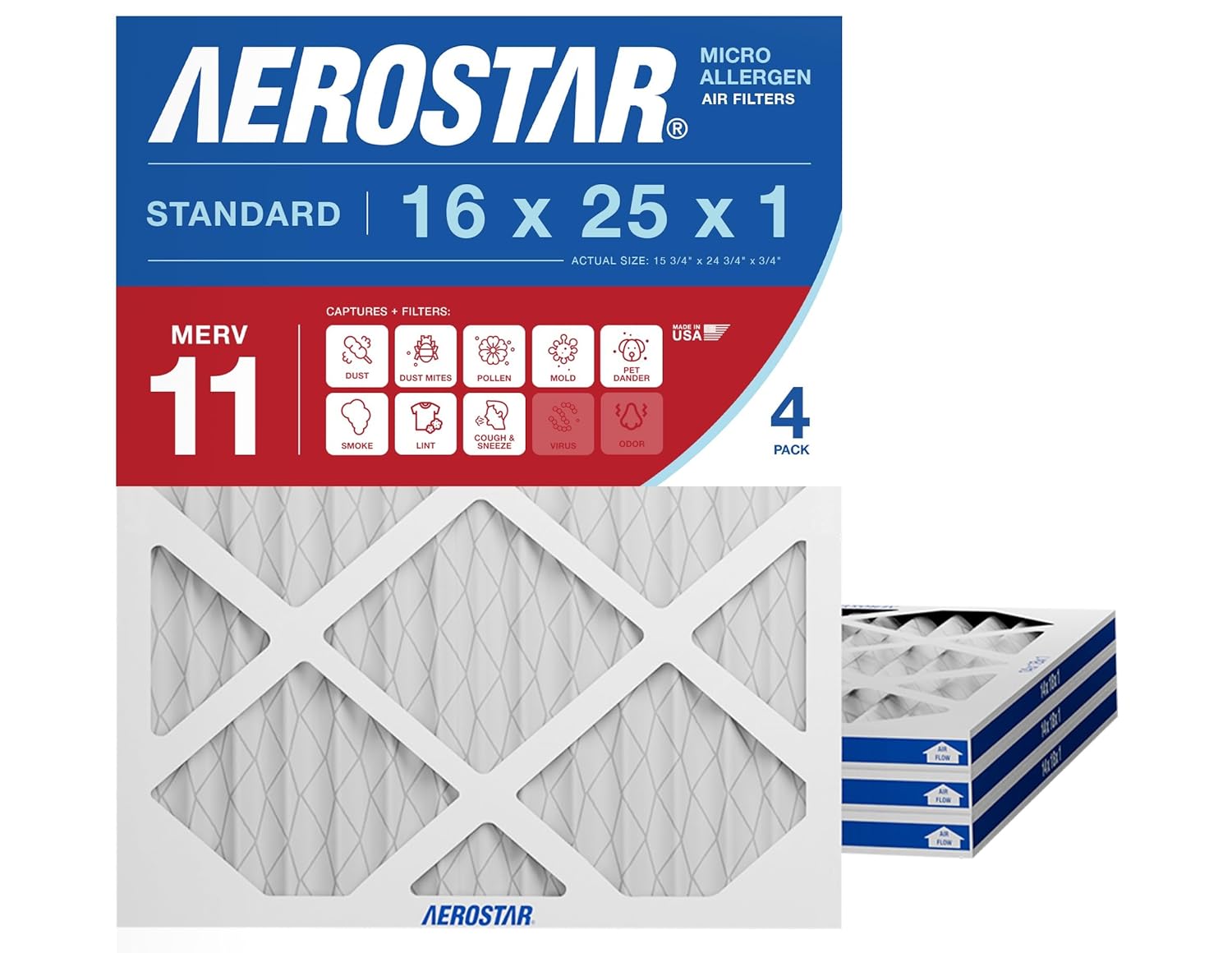 Aerostar 16x25x1 MERV 11 Pleated Air Filters, 4 Pack - Actual 15.75x24.75x0.75, Made in USA for Allergies, Dust & HVAC Efficiency