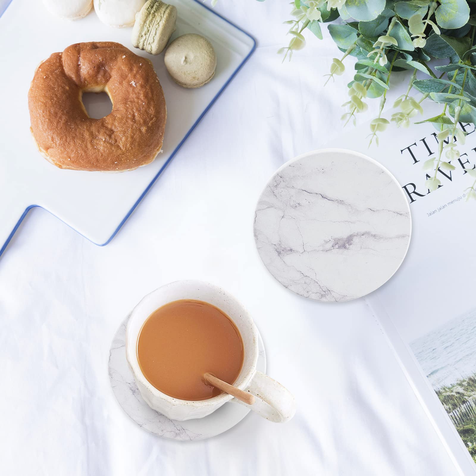 Geichan Coasters for Drinks, White and Round Marble Coasters Absorbent with Holder,Wine Beer Bar Coasters Set of 6 for Coffee Table Protection