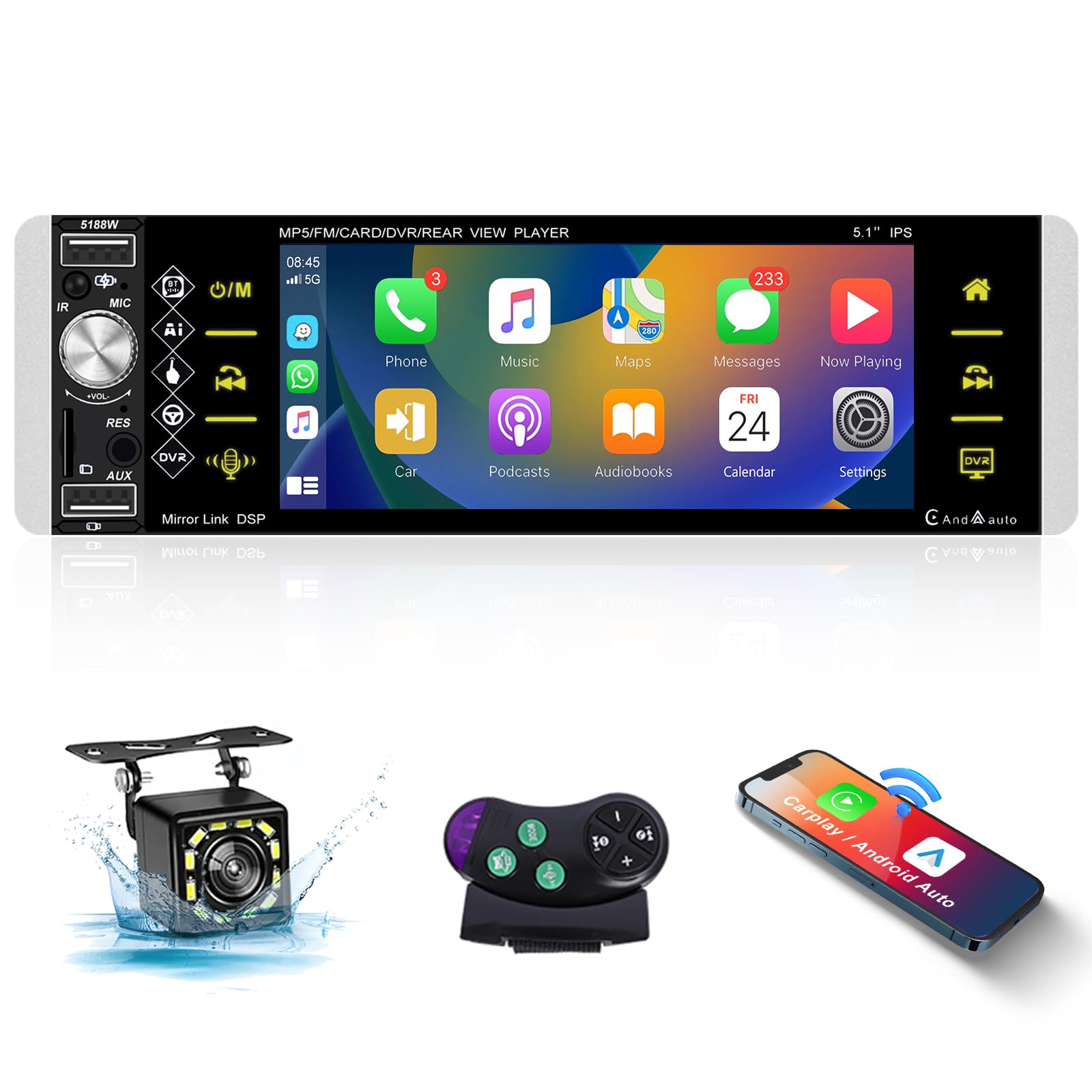 Hodozzy RDS Autoradio 1 Din met draadloze Carplay Android auto, 5,1 inch stereo auto bluetooth met IPS-scherm, touchscreen met mirror Link/FM/USB/AUX/SWC/spraakbesturing achteruitrijcamera Hodozzy RDS Autoradio 1 Din met draadloze Carplay Android auto, 5,1 inch stereo auto bluetooth met IPS-scherm, touchscreen met mirror Link/FM/USB/AUX/SWC/spraakbesturing achteruitrijcamera