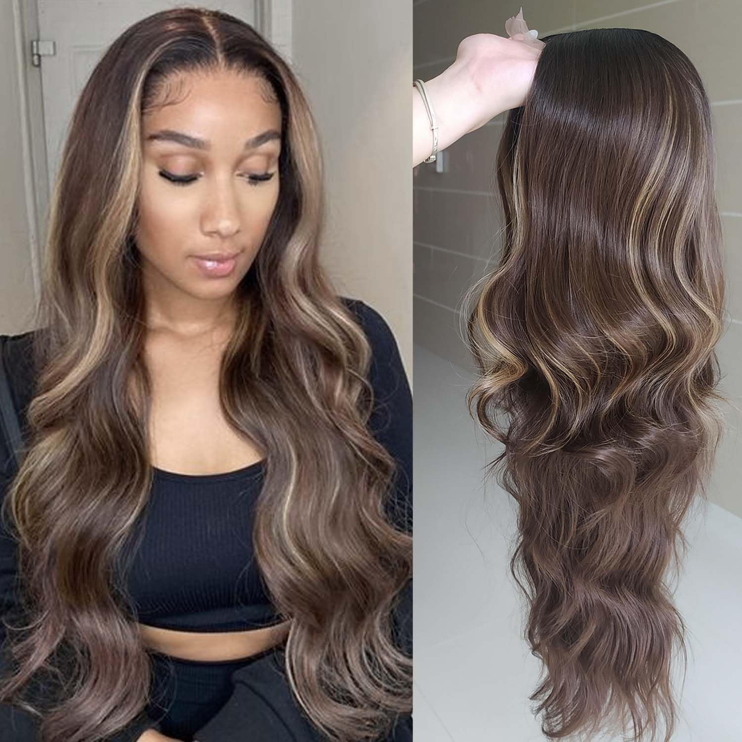 Wigs Body Wave Long Brown Mixed Blonde Wavy Wigs for Women 26 inch Ombre Brown Highlights Wig Middle Part Lace Wig Natural Looking Replacement Wig As Casual Wig Cosplay Costume Halloween Wig