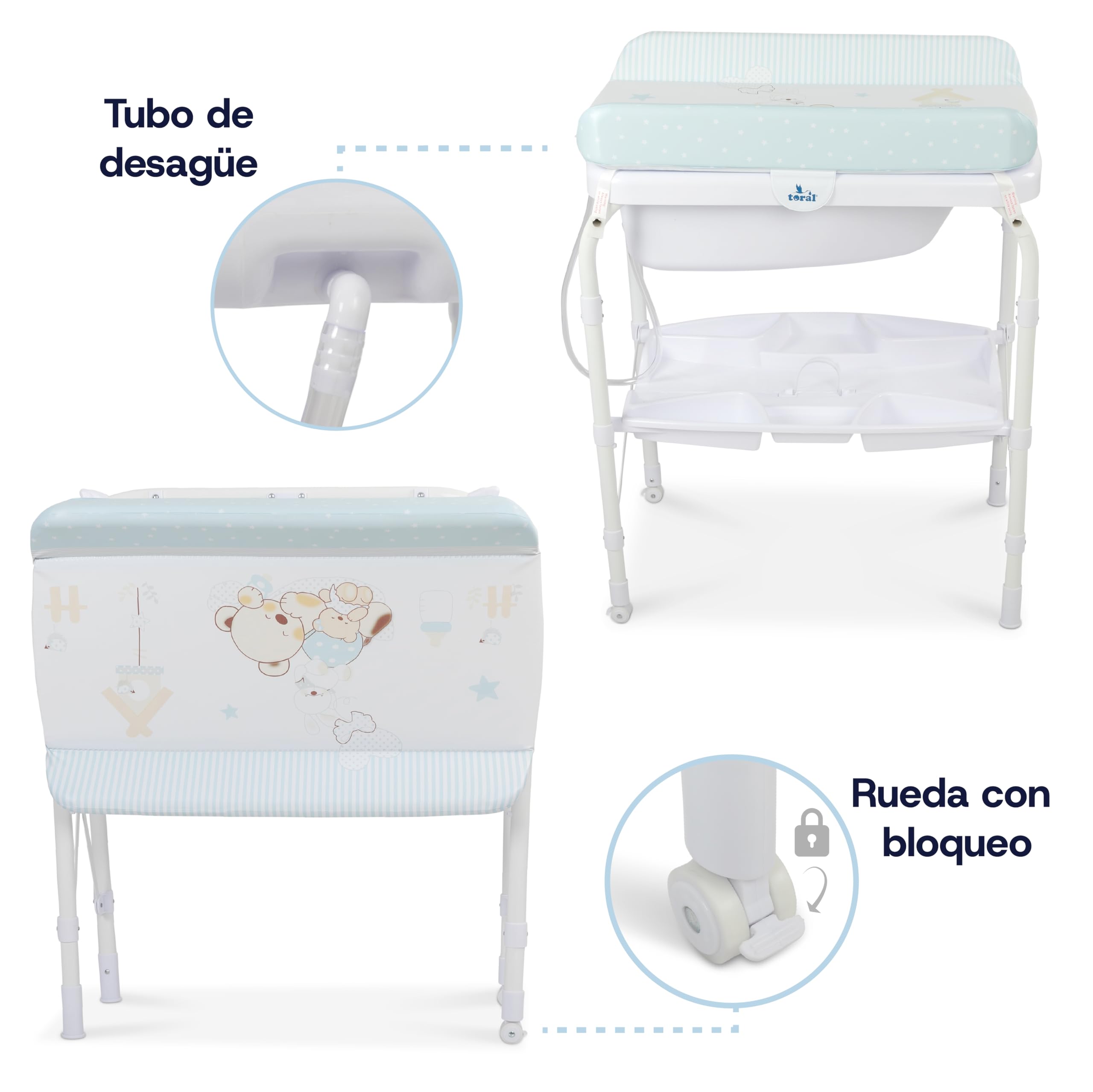 Toral Bañera Cambiador Bebe Mueble con Patas - Bañera Bebe Con Bandeja Separadora y Ruedas con Freno - Cambiador con Medidor de Altura - Modelo Azul