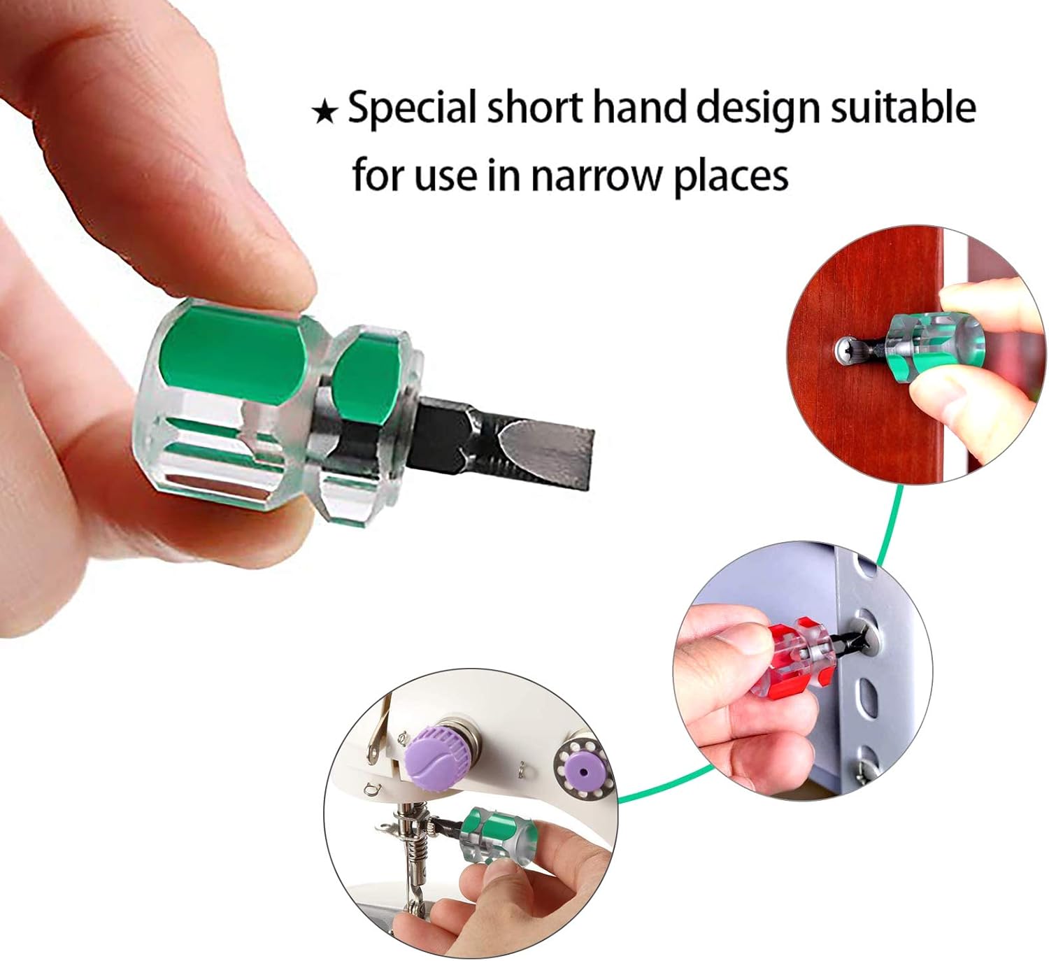 Screwdriver Set - Chrome Vanadium Steel, Flat/Phillips Head, Ultra Short, Red/Green, 2-Pack