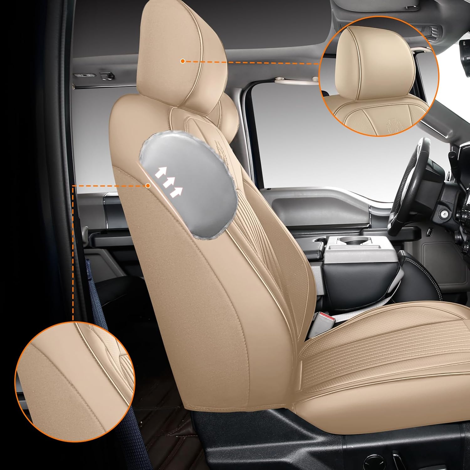 MINGBRON F150 Front Seat Covers, 360° Full Coverage Leather Car Seat Protector Fit for Ford F150 2009-2026&F250 F350 F450 2017-2025 All Cab XL XLT Lariat King Ranch Platinum (Front Pair/Beige)
