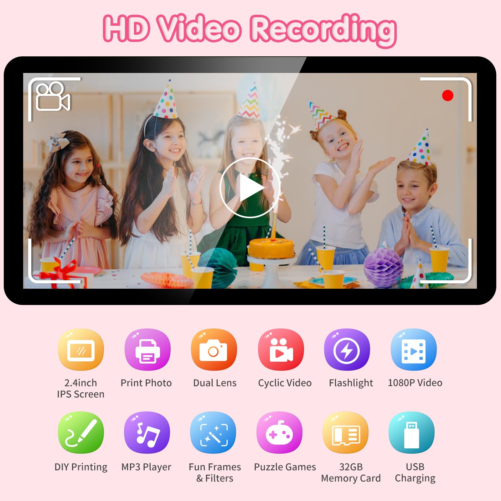 Camara Fotos Infantil instantaneas,Selfi Camara instanea,1080P 2,4''HD Video Camara Fotos Infantil para niños con Tarjeta SD de 32GB,Regalos de Juguete para niñas de 3 a 12 años Cumpleaños Navidad