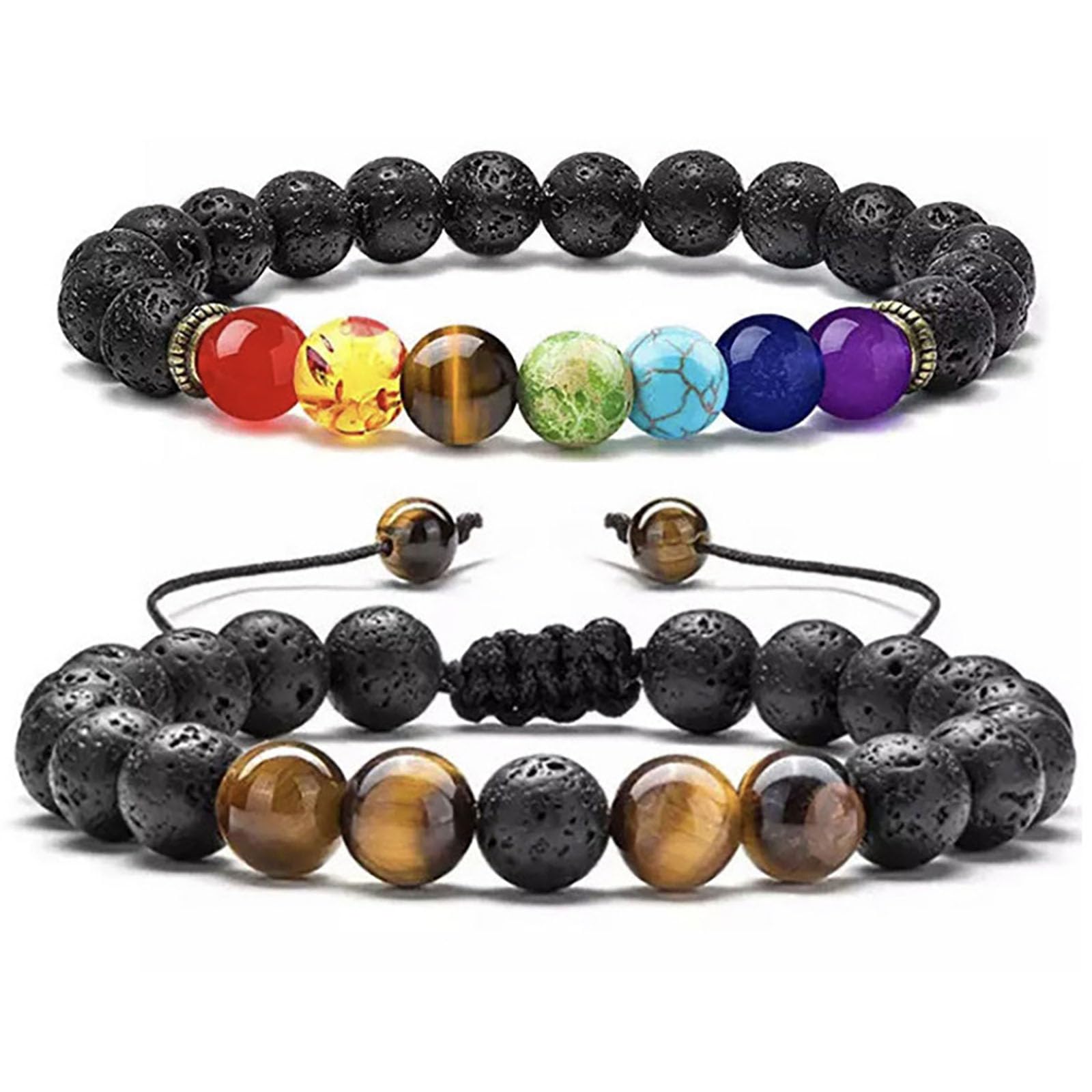 Harry and Henry2 Pcs Black Obsidian Bracelet for Men Rainbow Lava Rock Bracelets Adjustable Beaded Bracelets Yoga Bracelets for Women