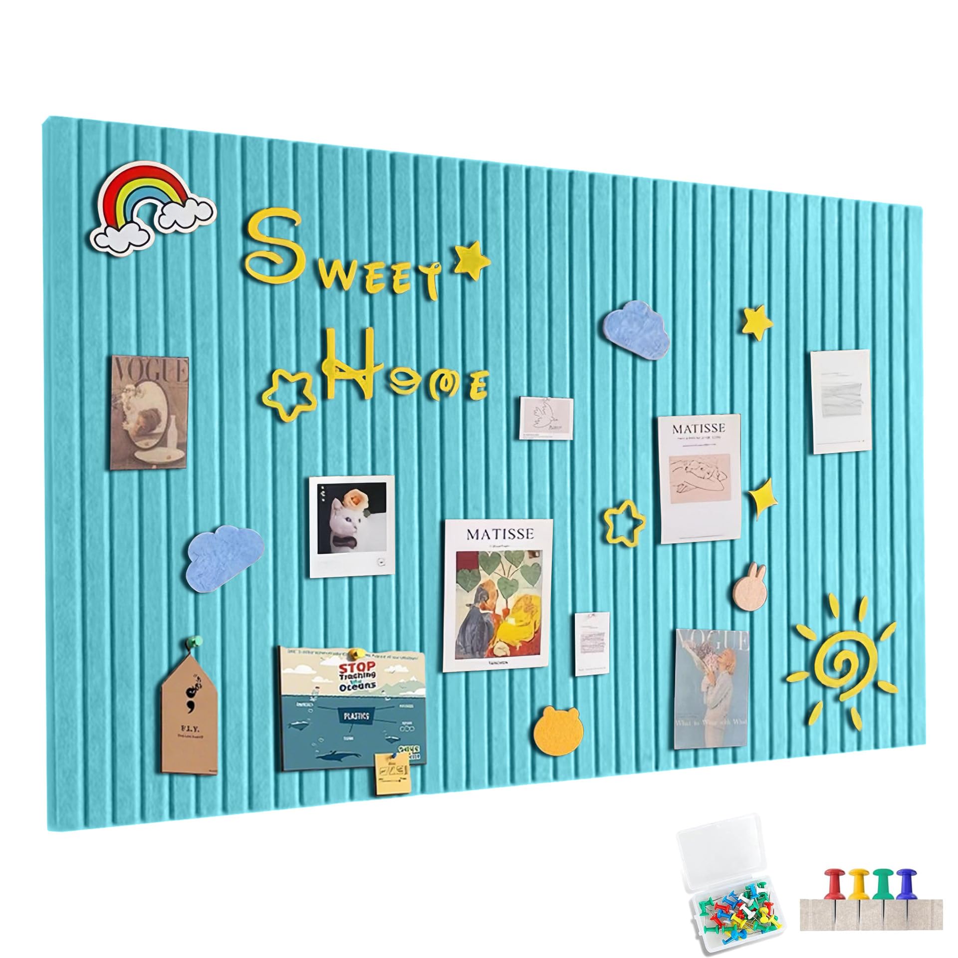 90 x 60 cm Large Felt Notice Board, Self-Adhesive, Felt Board, Memo Boards with 30 Push Pins, Bulletin Board, Wall Decoration for Office, Kitchen, Photos Memos, Lake Blue โ image 1