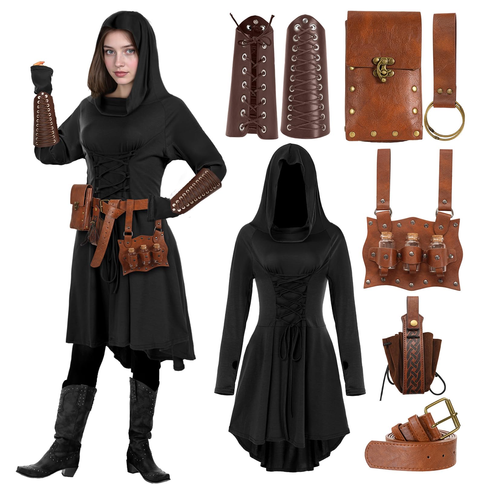 Dacnod Renaissance Medieval Costume Women Viking Costume with Arm Guards Belt and Belt Bag Hooded Robe Lace Up Dress Accessories