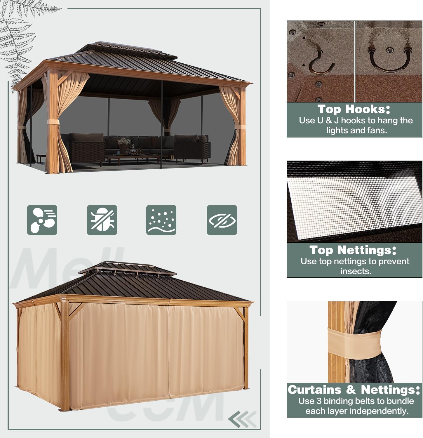 Image showing the gazebo with curtains and nettings, highlighting the top hooks for accessories and the binding belts.