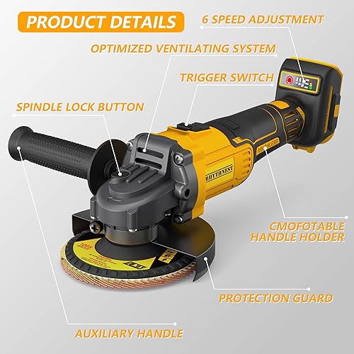 Miniatura 4 de Amoladora angular inalámbrica de 4-12 pulgadas compatible con batería DEWALT de 20 V, 3 velocidades variables, amoladora angular incluida, 6 discos,