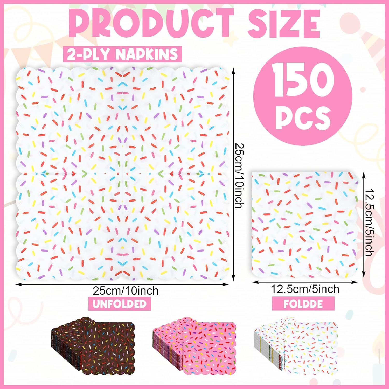 150 Pcs Donut Sprinkles Napkins Scalloped Ice Cream Donut Party Supplies, 2 Ply Paper Disposable Cocktail Napkins for Baby Shower Birthday Wedding Theme Party Treats Cupcake Decor Supplies - Image 2
