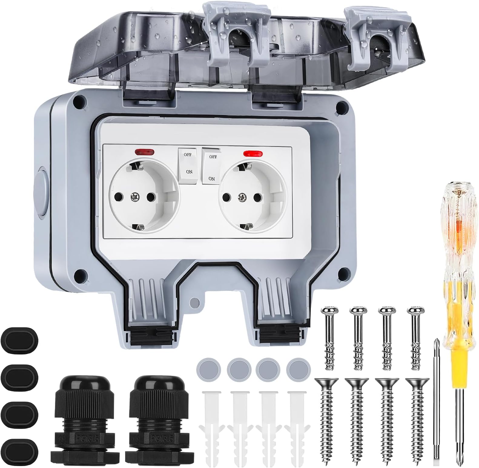 Außensteckdose Wasserdicht 2 Fach Outdoor Steckdose IP66 mit Schalter