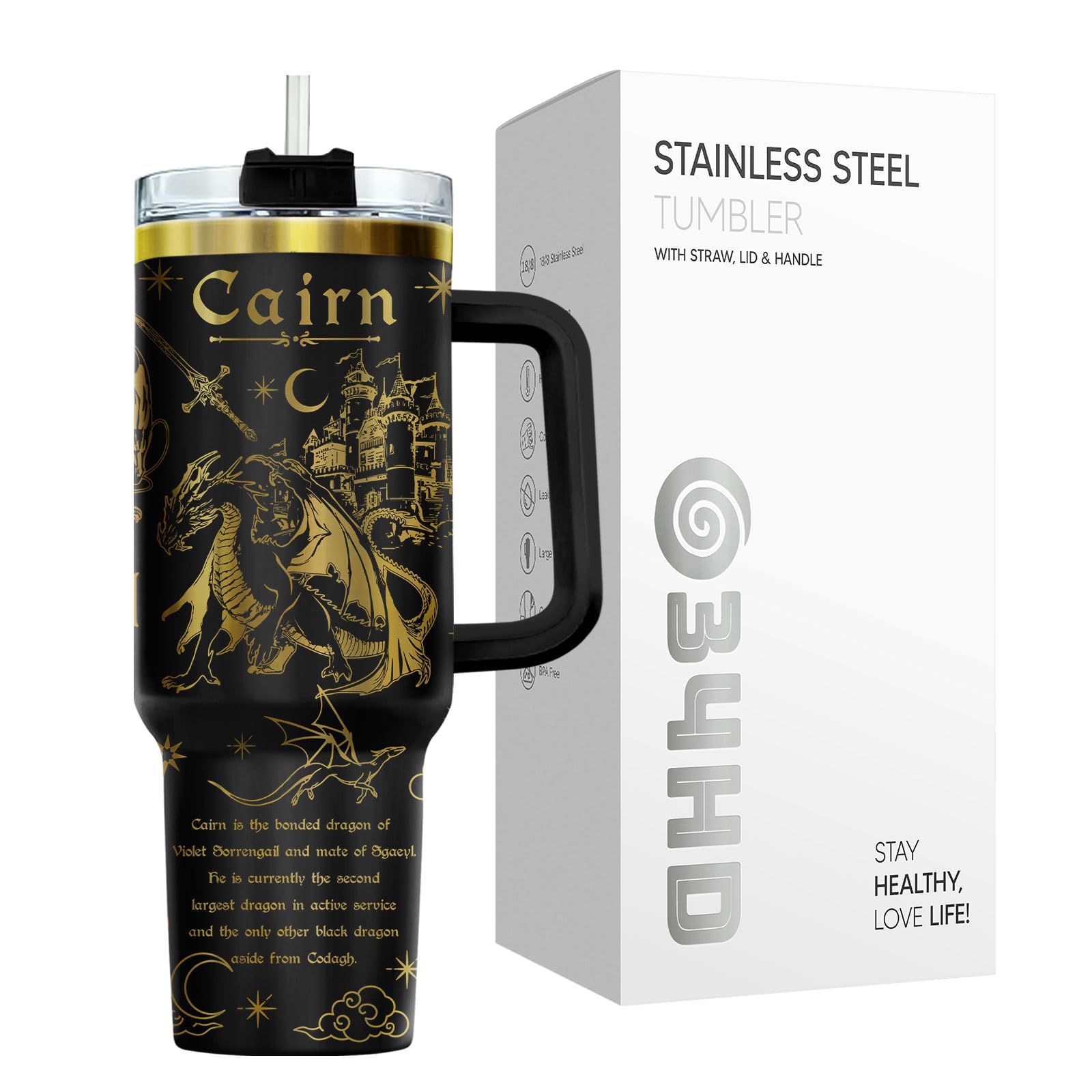 34HD Fantasie-Drachenbecher, 1213 ml, Edelstahlbecher mit Deckel und Strohhalm, flügelinspiriertes Geschenk für Fans und Fantasy-Leser