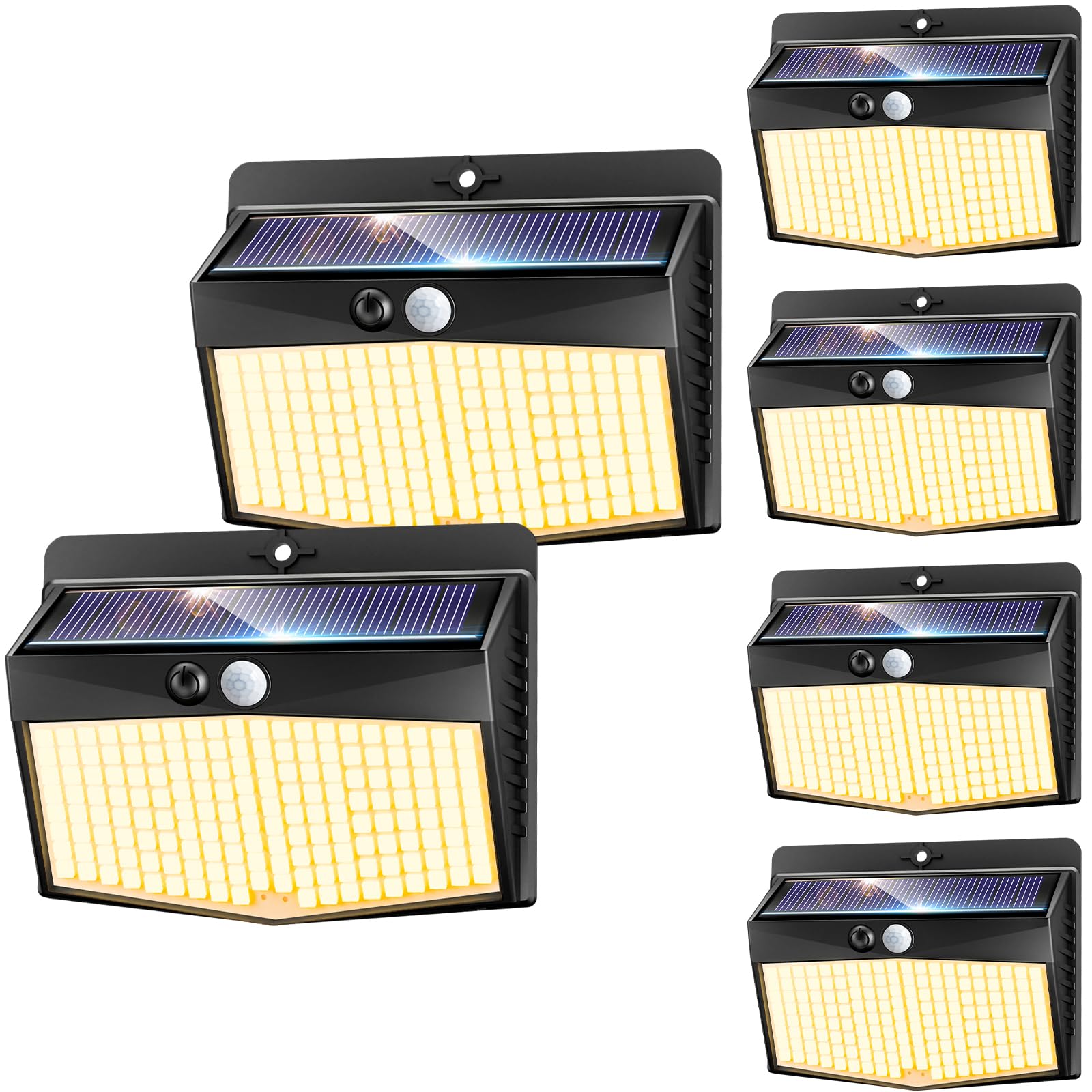 nipify Lot de 6 lampes solaires d'extérieur avec détecteur de mouvement, 3 modes, lampe solaire d'extérieur IP65, 168 LED blanc chaud, lampe solaire d'extérieur pour jardin, garage, cour, mur, clôture