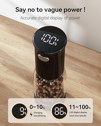 Miniatura 2 de TOMEEM Juego de molinillo eléctrico de sal y pimienta, recargable con indicador de alimentación LED, molienda ajustable de 5 niveles, luz LED,