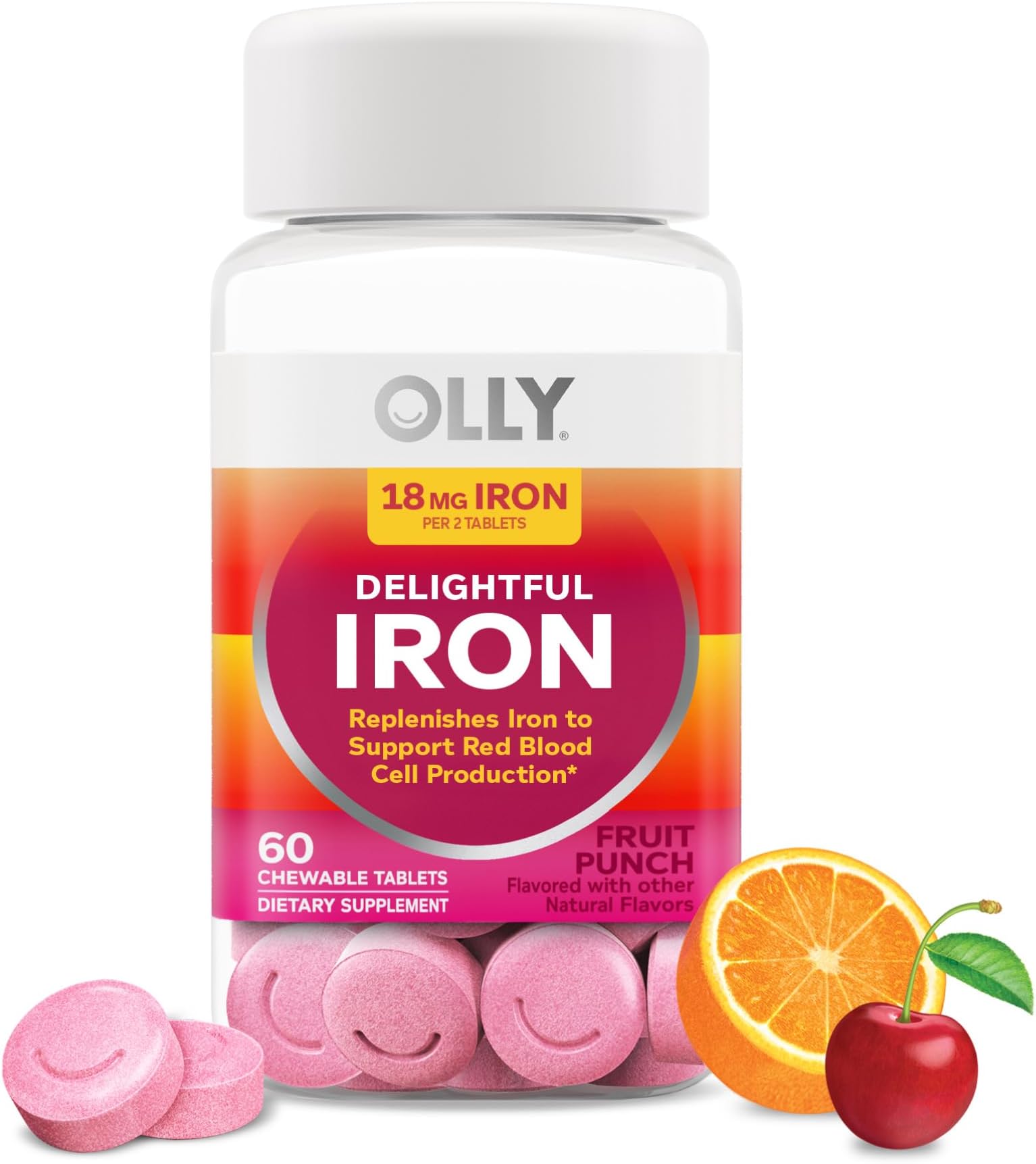 OLLY Delightful Iron Chewable Tablet, Iron Supplement from AB Fortis, Fruit Punch Flavored, 30 or 20 Day Supply - 60 Count