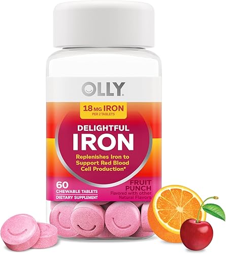 OLLY Delightful Iron Chewable Tablet, Iron Supplement from AB Fortis, Fruit Punch Flavored, 30 or 20 Day Supply - 60 Count