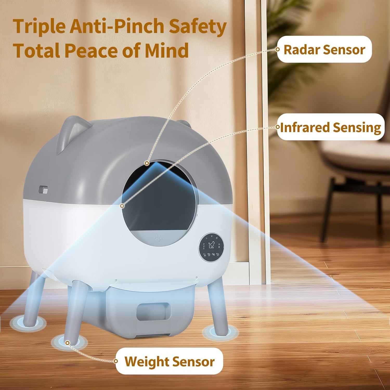 Arenero Autolimpiable para Gatos 66L, Caja De Arena Automática Inteligente con Control por App, Sensores De Seguridad Anti-Atrapamiento, 6 Luces Ambientales Ajustables, Bajo Ruido