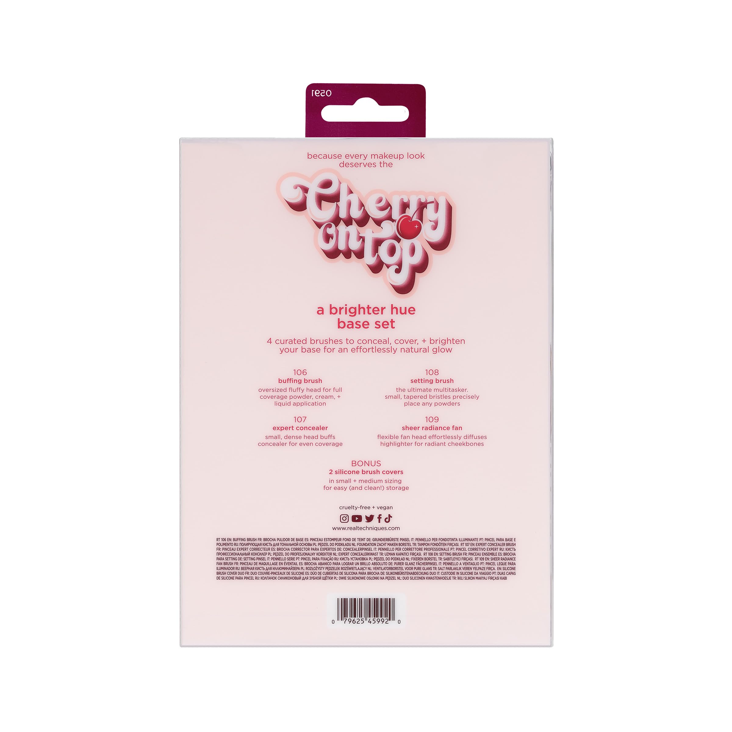 Real Techniques Cherry On Top Lot de 6 pinceaux de maquillage pour le visage et housses de voyage pour fond de teint, anti-cernes, poudre et blush, poils synthétiques, végétalien et sans cruauté
