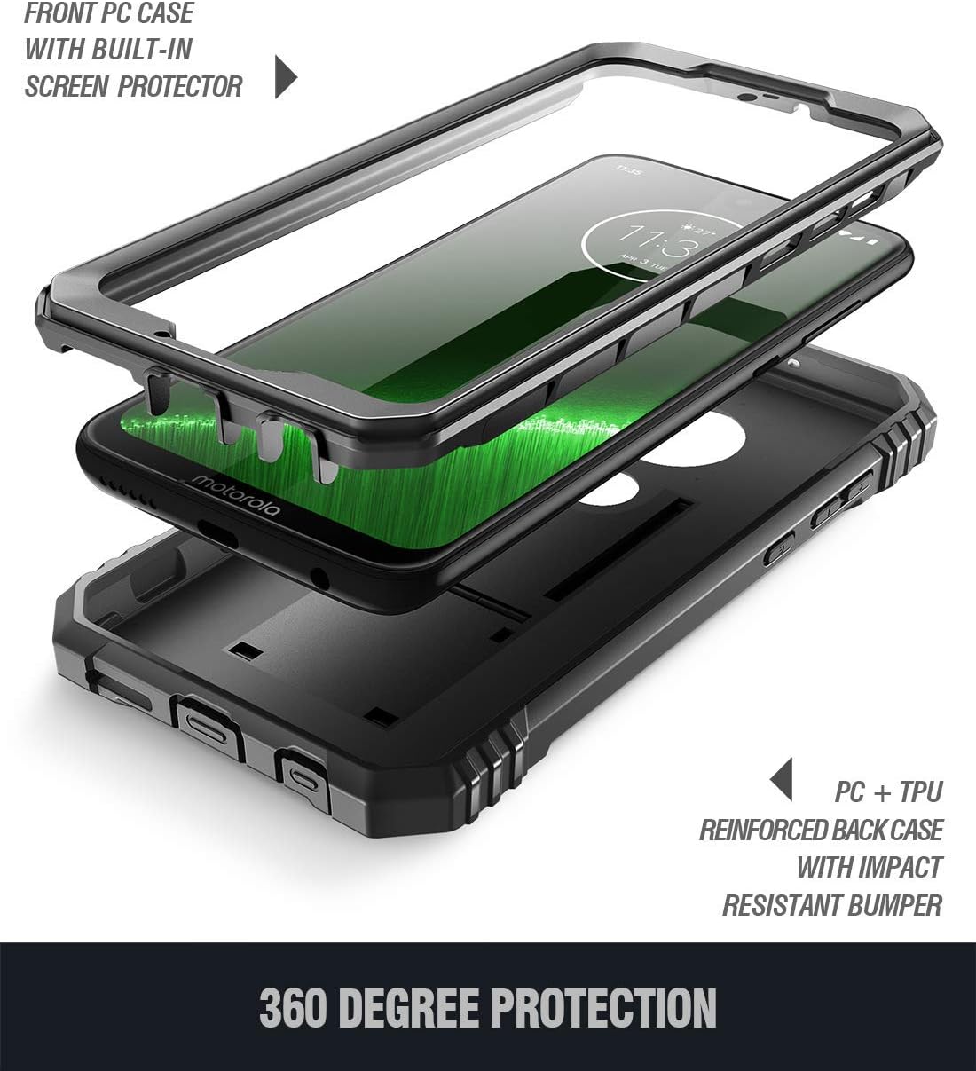 Poetic Moto G7 / G7 Plus Rugged Case with Kickstand, Full-Body Dual-Layer Shockproof Protective Cover, Built-in-Screen Protector, Revolution Series, DO NOT FIT Moto G7 Power Or Moto G7 Play, Black