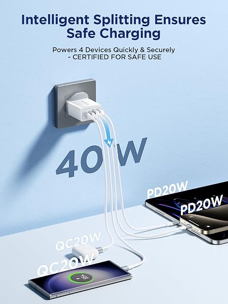 USB C Plug Fast Charge, 40W 4-Port Multi USB Charger Plug UK Dual Port PD Power Adapter +QC Wall plug Multiport Mains Type C Charging Plug for iPhone 17 16 15 14 13 12 11 Pro Max XS XR 8, Samsung, Pad - 2