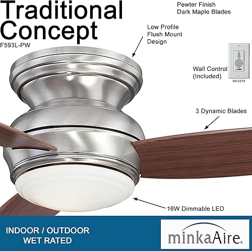 Miniatura 2 de Minka-Aire F593L-PW Tradtional Concept Ventilador de techo empotrado de 44 pulgadas con luz LED integrada de 14 W en acabado de peltre