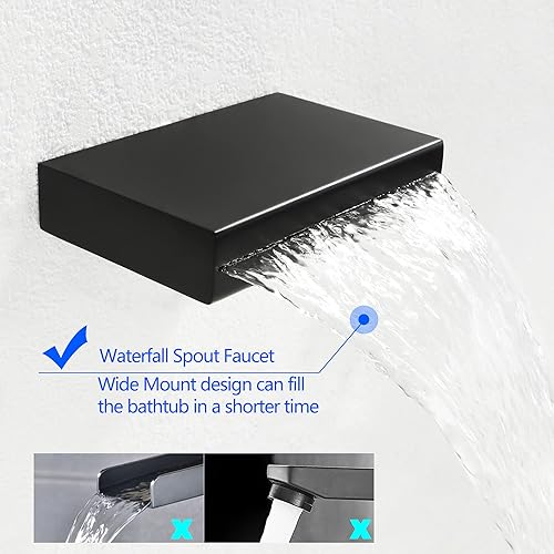 Miniatura 5 de SKOWLL Grifo de baño en cascada montado en la pared, grifo de lavabo negro mate con doble mango de 3 agujeros, grifos modernos de 8 pulgadas central