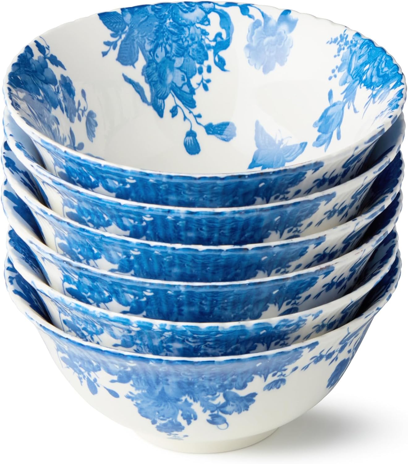 Gabrielle Blue Porcelain ALL PURPOSE BOWLS, SET of 6, 6.25‑inch assorted scalloped floral toile bowls with interior artwork, classic blue and white tableware for salads, sides, pasta