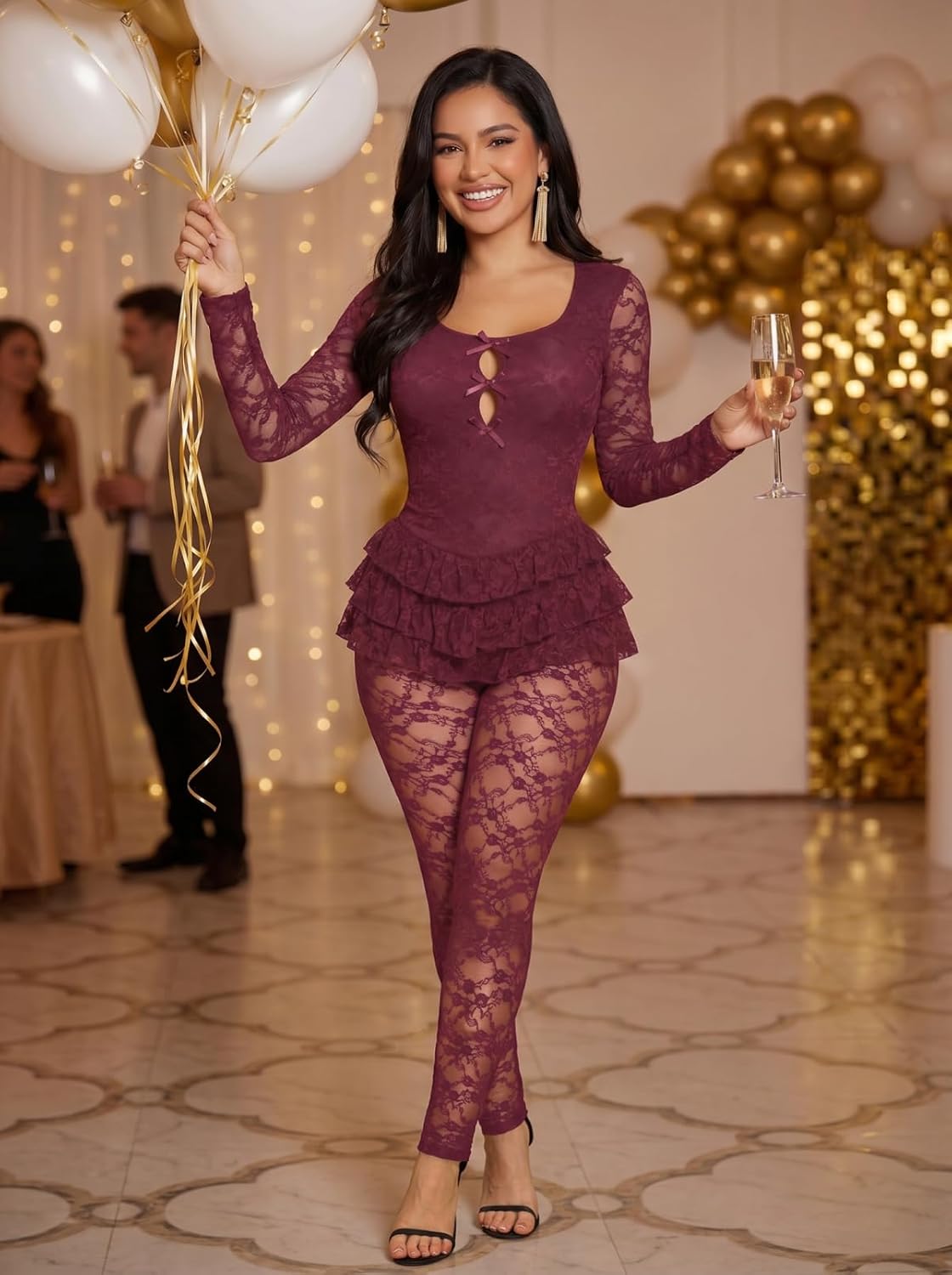 Women's Jumpsuits Dressy Lace Cutout Bow Front Ruffled Trim Floral Lace One Piece Party Club Jumpsuits Outfits