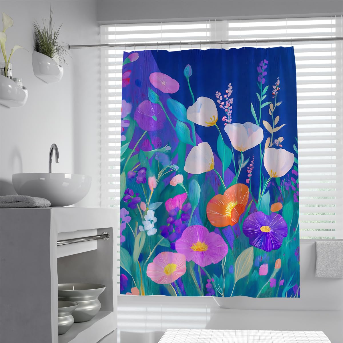 UIRINGART Boho Modern Wildflower Shower Curtain W90xL180cm Colorful Garden Blue Background Mildew Resistant Quick Dry Bathroom Curtain Walk In Shower With Hooks