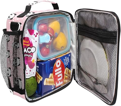Miniatura 4 de MNSRUU Bolsas de almuerzo para niños y niñas, diseño de lunares con lindo panda reutilizable, aislada, kit de bolsa térmica para comidas,