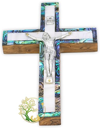 Miniatura 3 de Pequeña cruz decorativa de pared de nácar hecha a mano en Tierra Santa | Crucifijo de pared de madera de olivo | Cruz católica de madera | Hecho por