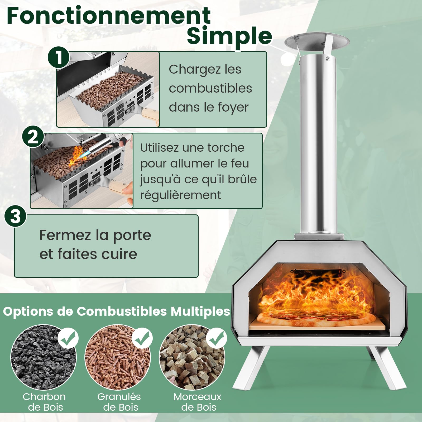 COSTWAY Four à Bois pour Pizza 30,5cm, Four à Pizza Extérieur Portable en Acier Inoxydable avec Pelle Pare-feu Pieds Pliables