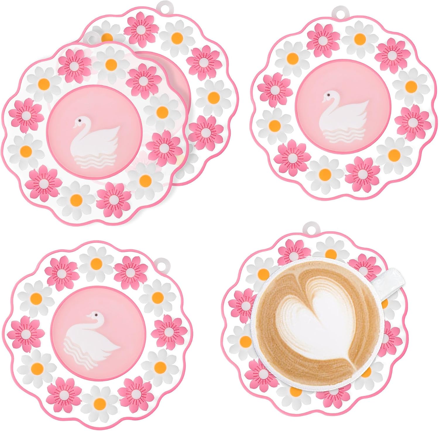 Coasters for Drinks, Modern Floral Pattern Silicone Coasters, Set of 4 Non-Slip Cup Mat Suitable for Kinds of Cups (Swan Pink)