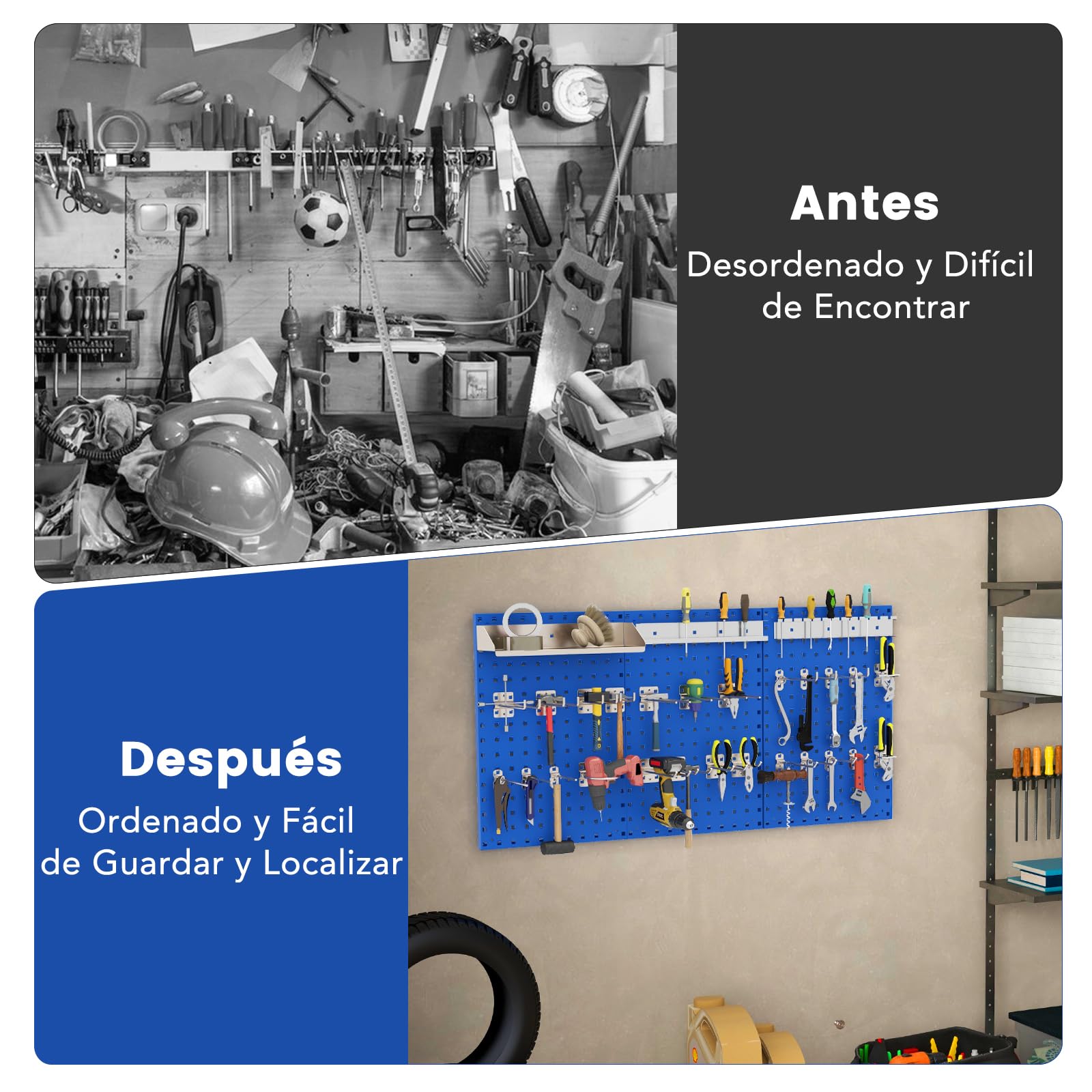 GOPLUS Panel Herramientas Pared, Panel Perforado 3 Piezas con 25 Ganchos, Organizador Herramientas Pared para Brocas y Destornilladores, Kit de Tablero de Clavijas de Metal para Garaje Taller (Azul)