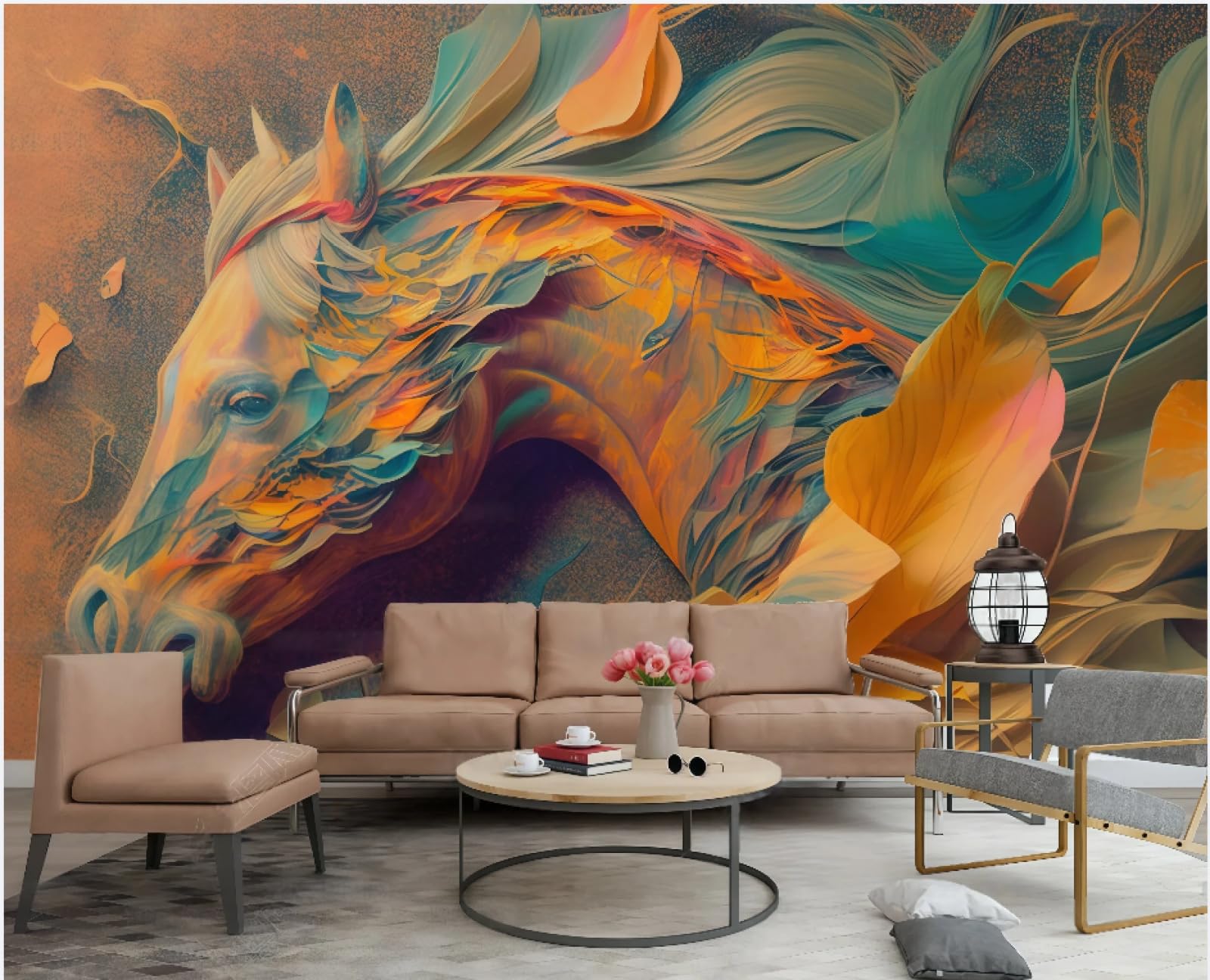 Papier peint art moderne orange vert graffiti mural 3D salon 200x140 cm