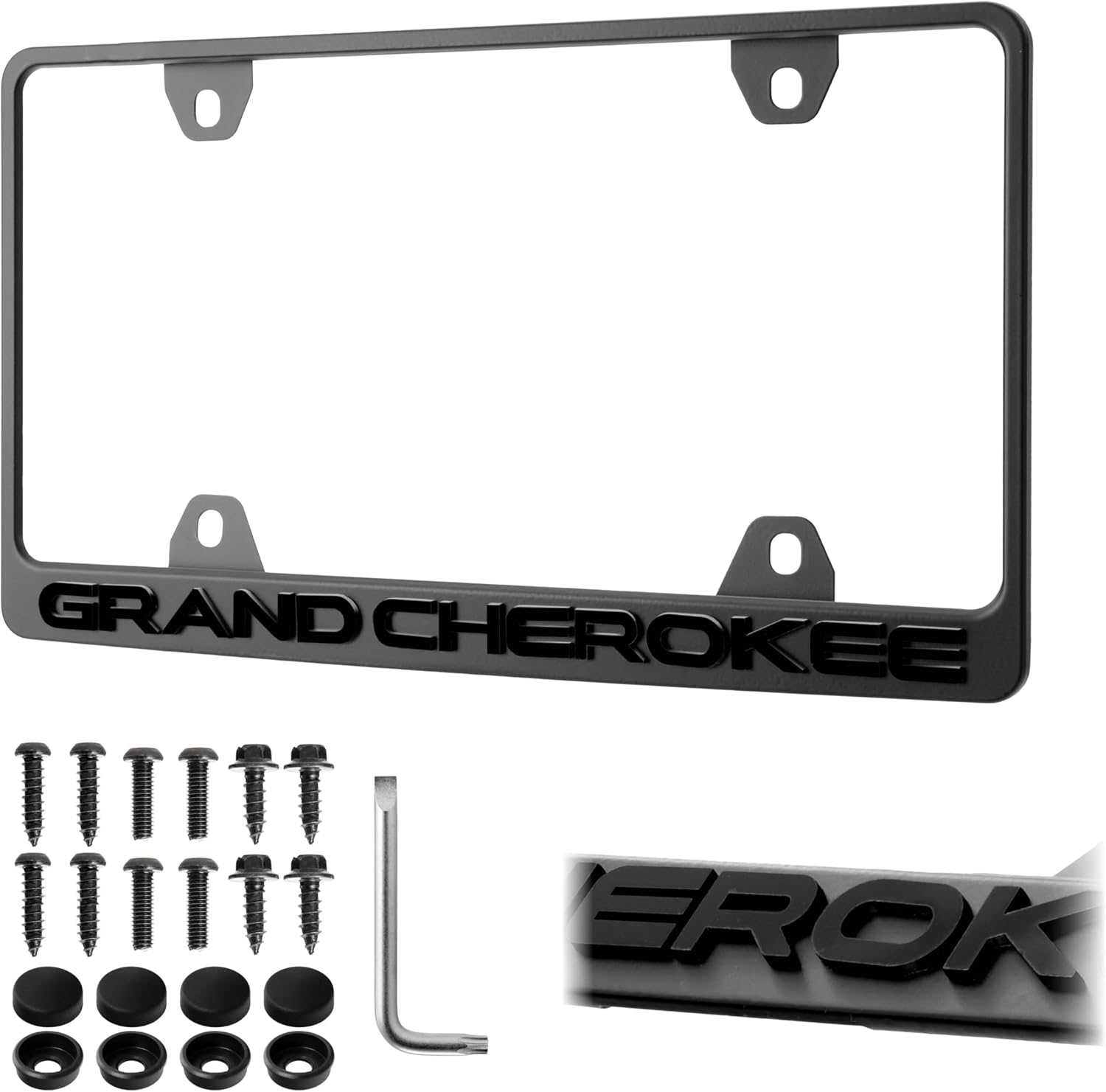 GRAND CHEROKEE License Plate Frame – Stealth Black Powder Coat UV Resistant STAINLESS METAL Plate Holder - One Piece - Compatible with 1993-2021 Grand-Cherokee (3D RAISED LETTER w/ MOUNTING HARDWARE)