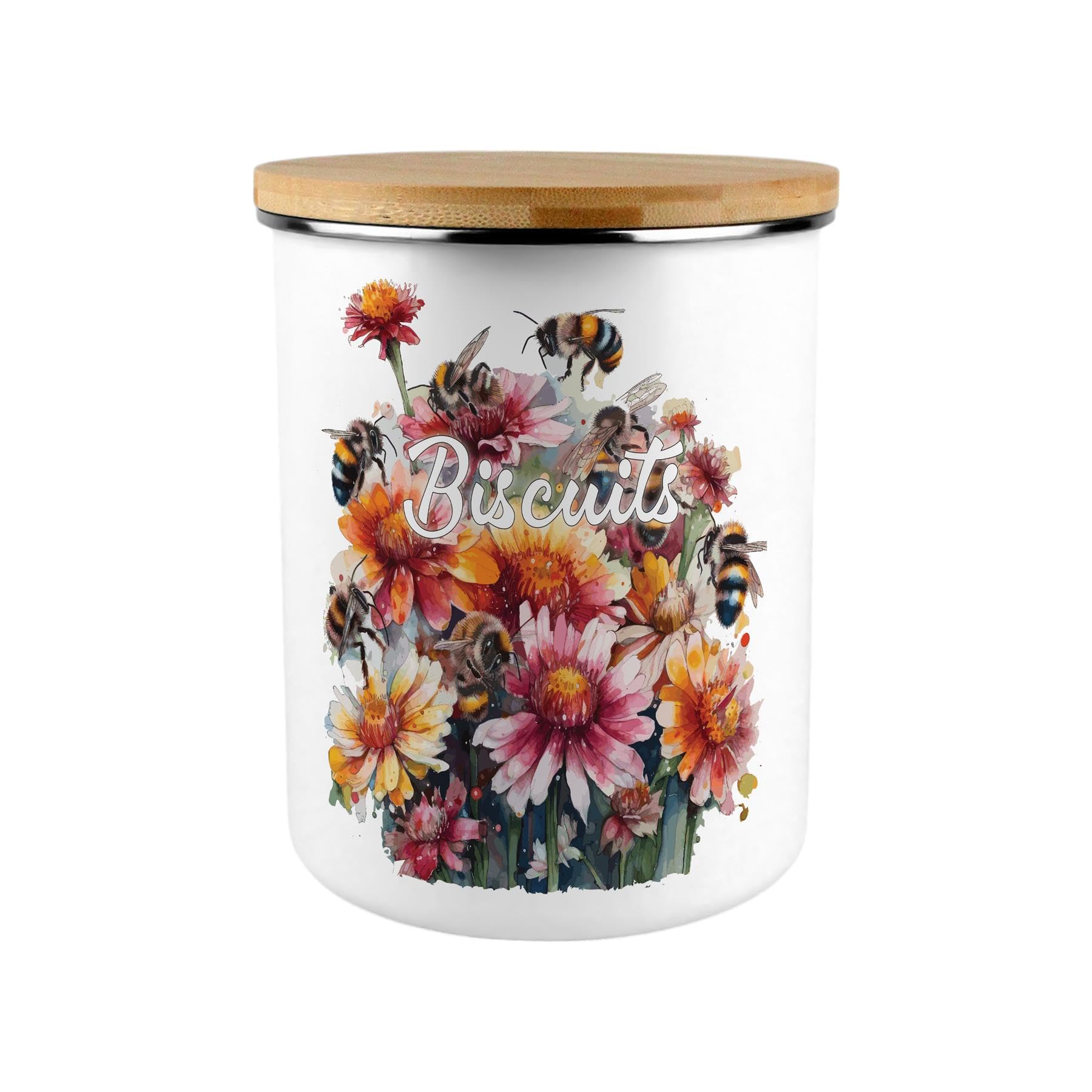 Extra Large Enamel Biscuit Canister - Flowers & Bees Food Storage Jar Gift