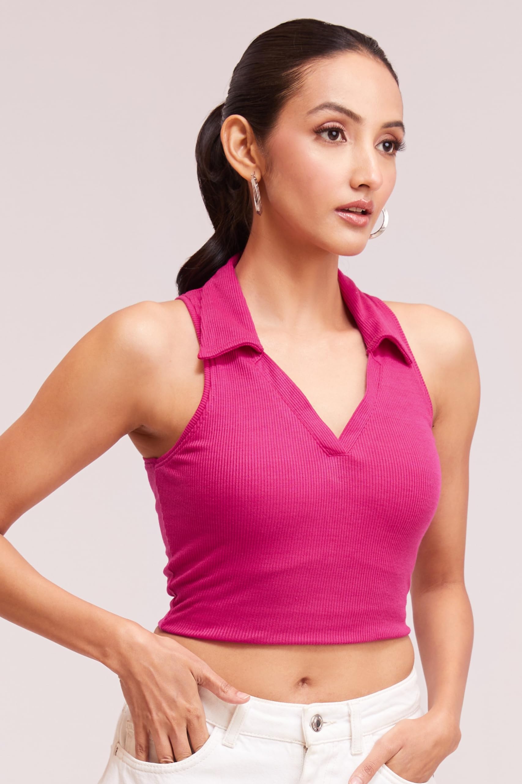 BERRY BIRD® Stylish Sleeveless V-Neck Slim Fit Collar Ribbed Knit Tank Crop Tops for Women & Girls Beach and Gym Wear and Western Trendy Fashion Pink 4