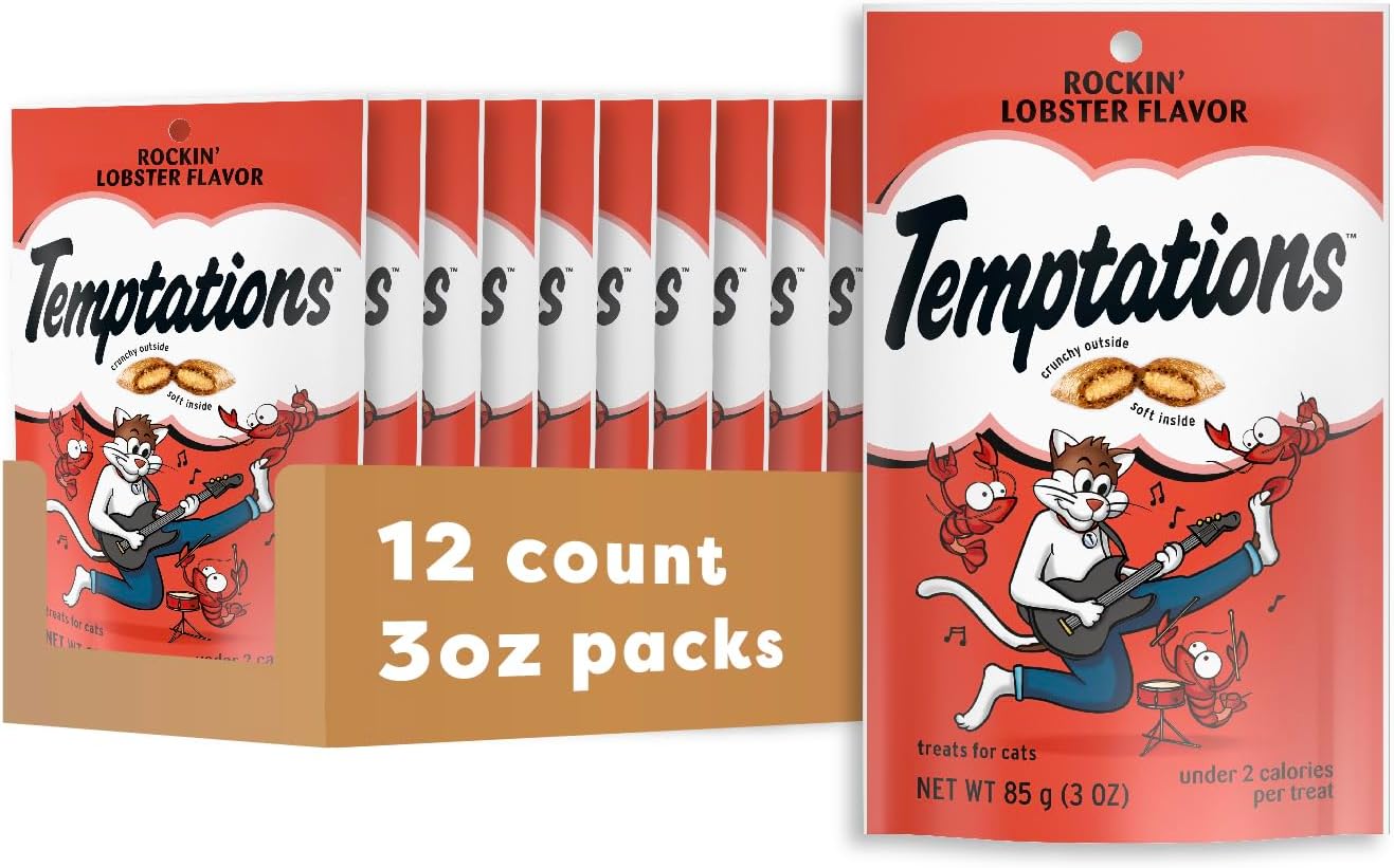 Temptations Classic Cat Treats, Rockin' Lobster Flavor, Crunchy and Soft Cat Treats 3 oz. Pouch (Pack of 12)