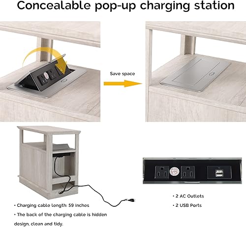 Miniatura 3 de NBBOTBOT Mesa auxiliar con estación de carga, mesa auxiliar con puertos USB y tomas, mesita de noche con estantes ajustables, mesa auxiliar estrecha