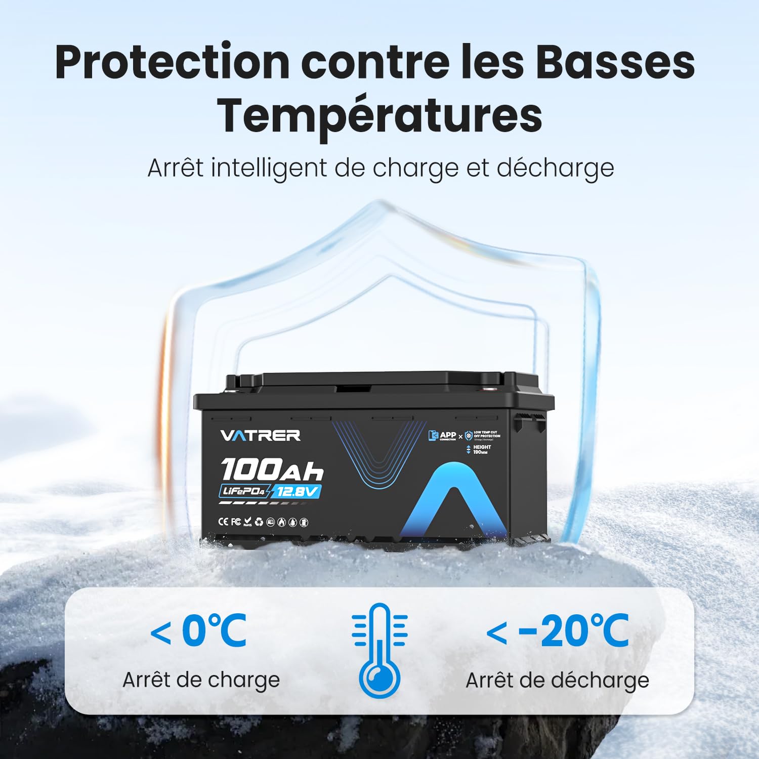 VATRER POWER 12V 100Ah H190 Bluetooth LiFePO4 Batteria con Altezza 188mm, 1280Wh, 5000+ cicli, Batteria al Litio con BMS 100A, Protezione dalle Basse Temperature, Ideale per Camper
